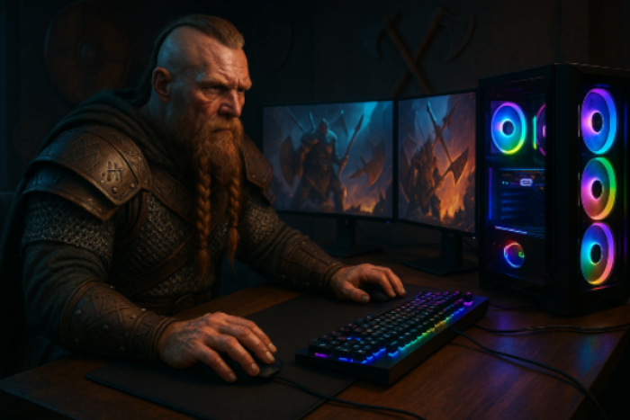Norse Warrior playing a high end computer